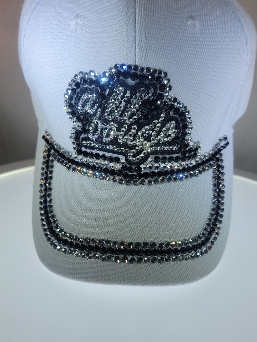 White- Black Crystal-Embellished Baseball Cap